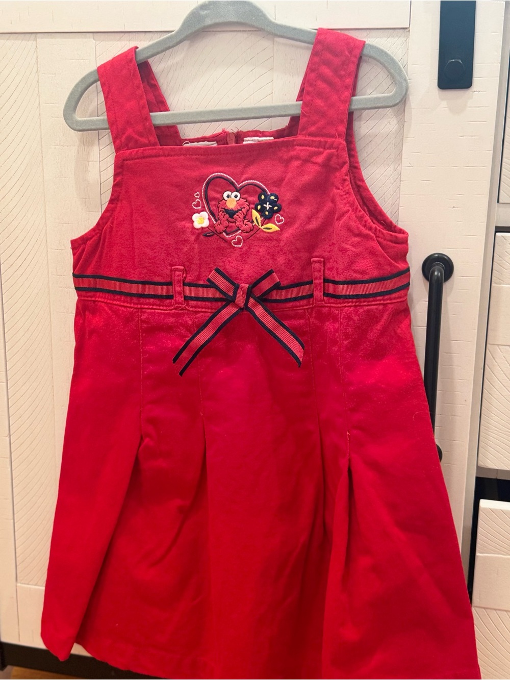 Vintage Elmo Red Pleated Jumper Dress with Bow and Embroidery